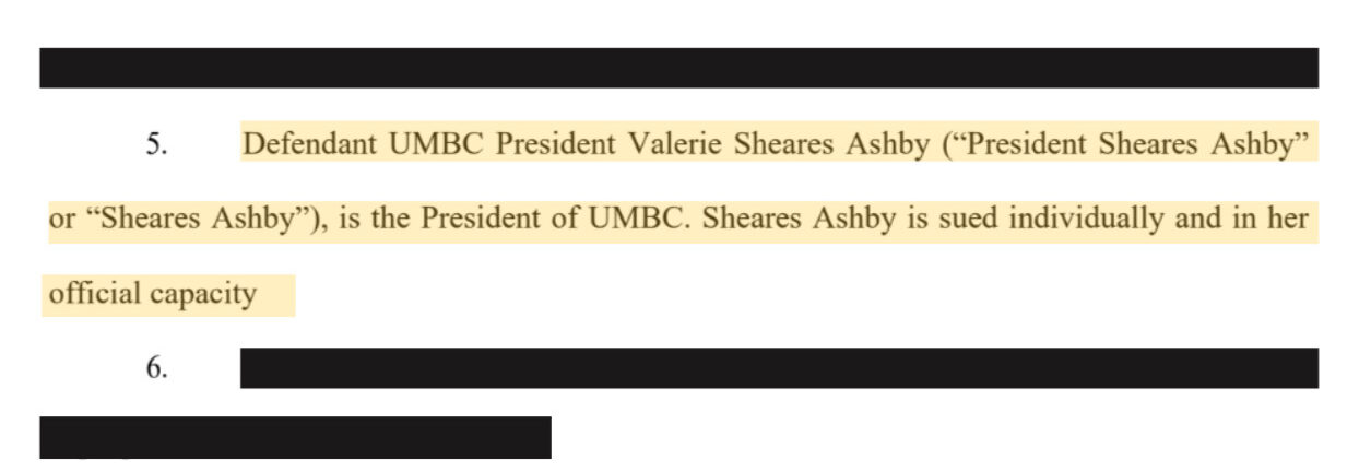 Caption of federal lawsuit, naming UMBC President Valarie Sheares Ashby as a defendant in the Barrio v. UMBC lawsuit.