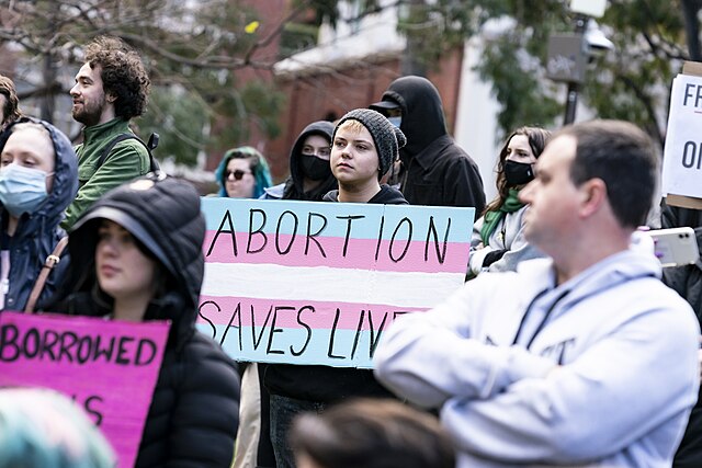 Picture of person holding sign that states, "Abortion Saves Lives," in front of a transgender pride flag at protest.